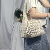 2025 New Style Hollow Knitted Bag for Women, Casual Vacation Woven Shoulder Bag, Large Capacity Beach Tote Bag