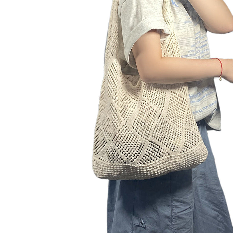 2025 New Style Hollow Knitted Bag for Women, Casual Vacation Woven Shoulder Bag, Large Capacity Beach Tote Bag
