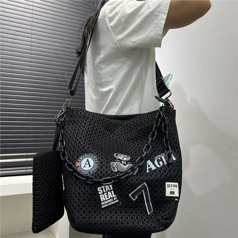 Cross-Border Exclusive Supply of Women's Fashionable Y2K Street Chain Shoulder Bag, Large Capacity Mesh Patchwork Crossbody Bag