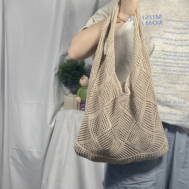 2025 New Style Hollow Knitted Bag for Women, Casual Vacation Woven Shoulder Bag, Large Capacity Beach Tote Bag