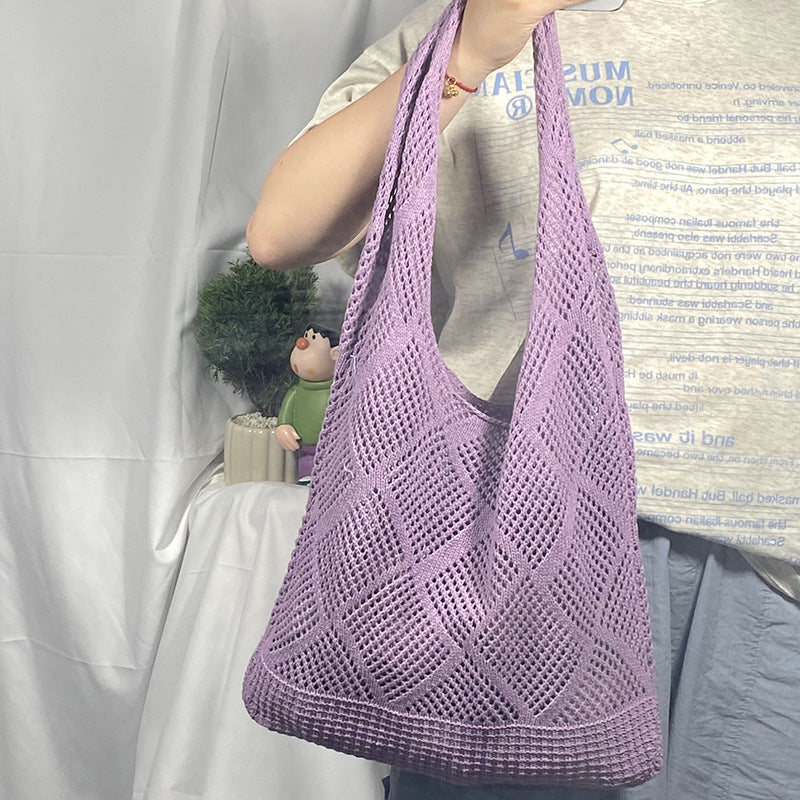 2025 New Style Hollow Knitted Bag for Women, Casual Vacation Woven Shoulder Bag, Large Capacity Beach Tote Bag