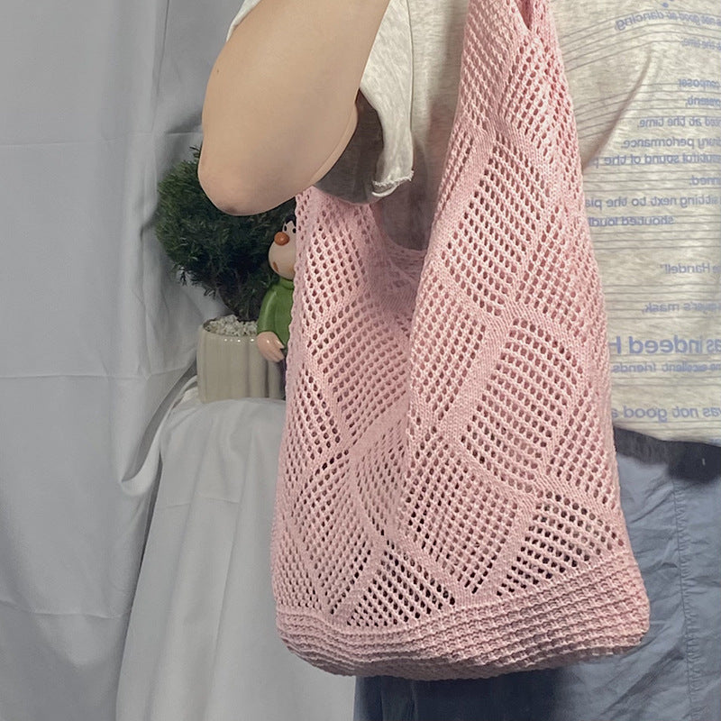 2025 New Style Hollow Knitted Bag for Women, Casual Vacation Woven Shoulder Bag, Large Capacity Beach Tote Bag