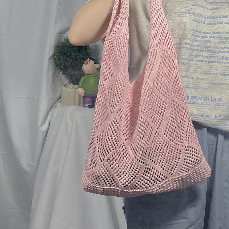 2025 New Style Hollow Knitted Bag for Women, Casual Vacation Woven Shoulder Bag, Large Capacity Beach Tote Bag